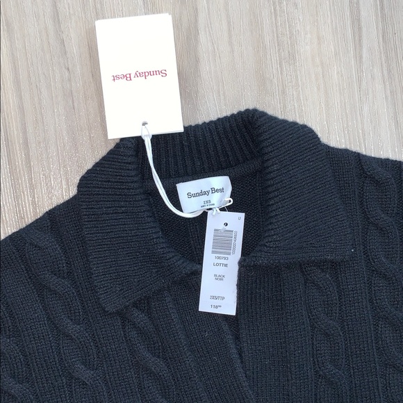 Aritzia Sunday Best Lottie Wool Sweater Black V-Neck Open Collar Cable Knit - Picture 2 of 6